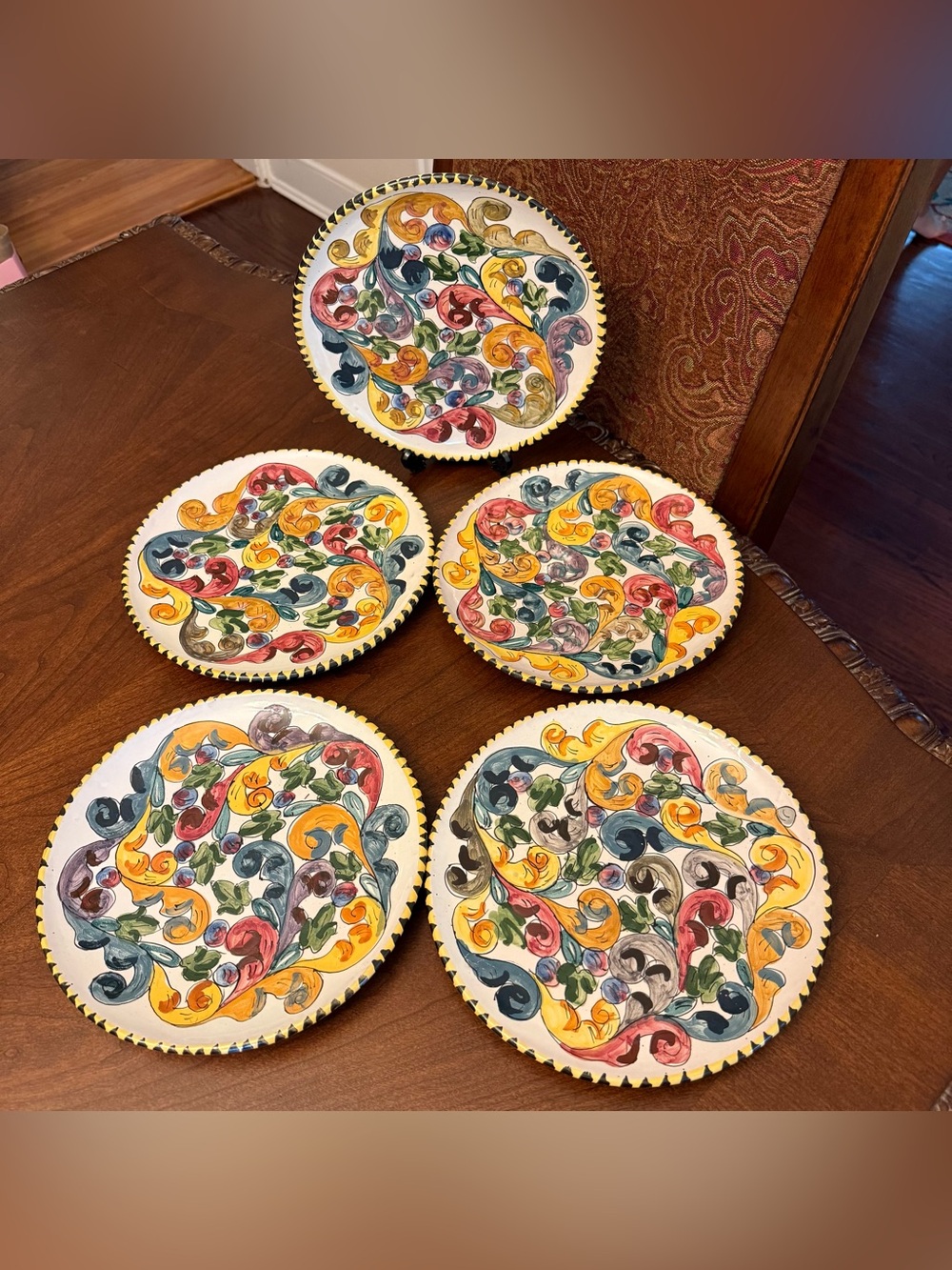 5 Vintage F.C.A. Lima Peru Pottery Plates Mid Century Majolica Style 9.25”
